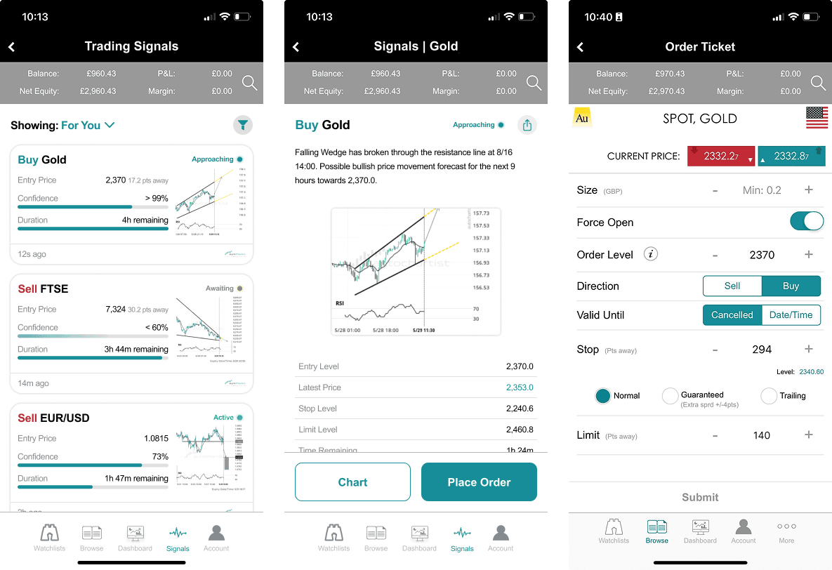 Mobile trading signals feed, signal detail and pre-filled order ticket.