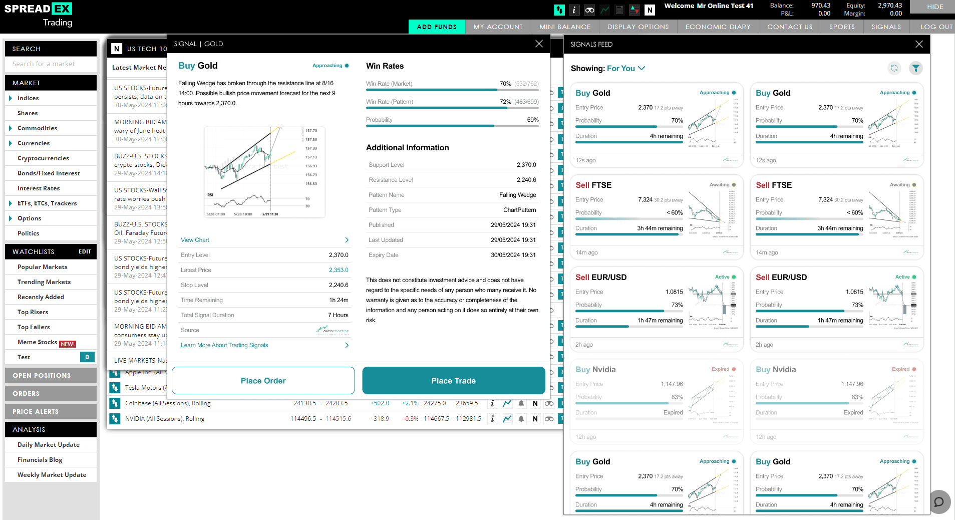 Desktop trading platform with Signals feed and detailed idea panel.